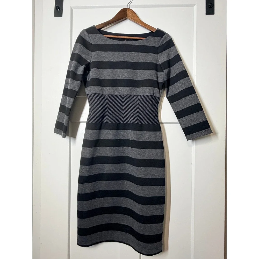 BCBGMAXAZRIA Roslyn Dress Women M Grey Black Good Striped 3/4 Sleeve Sheath